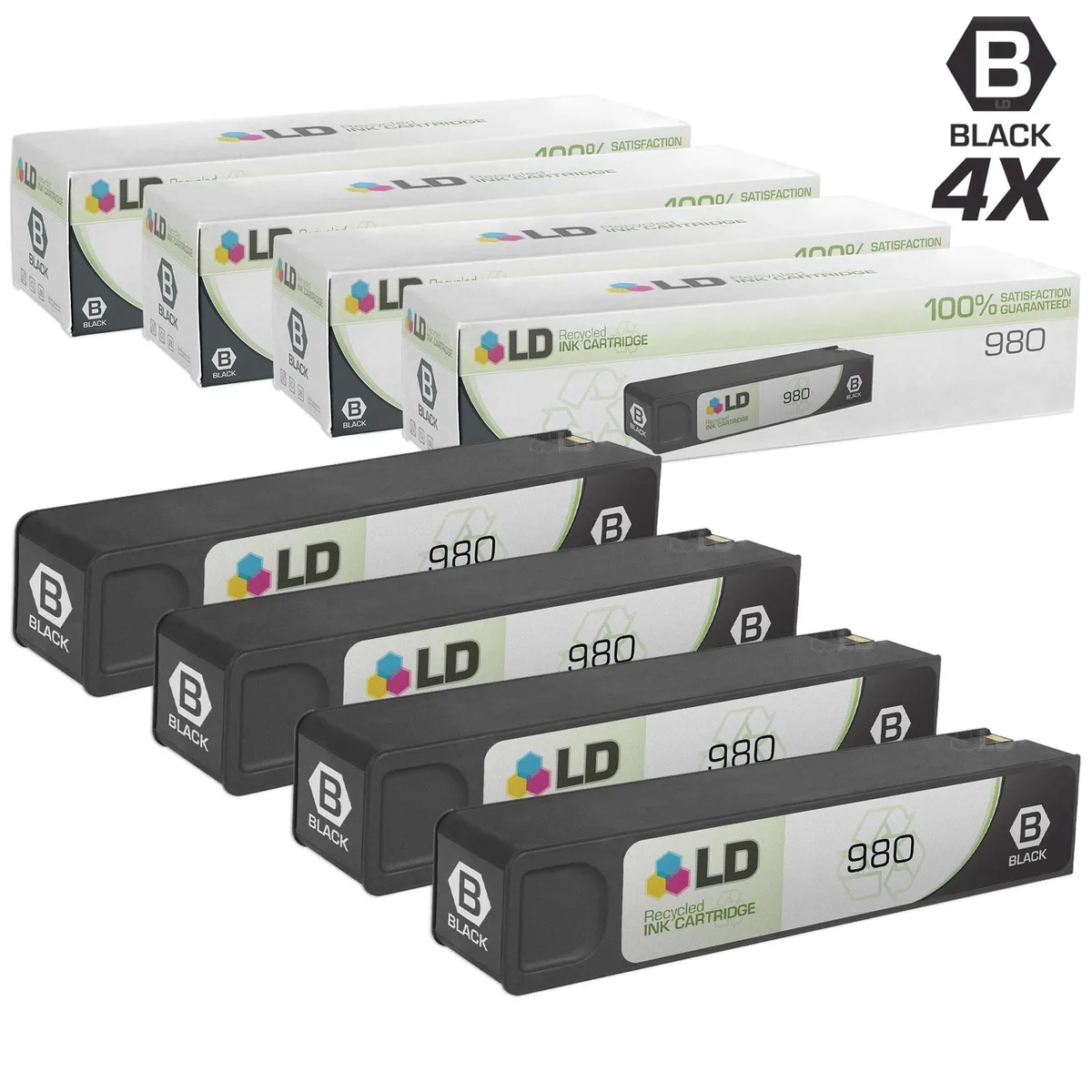 Four black rectangular ink cartridges in clear sealed packaging