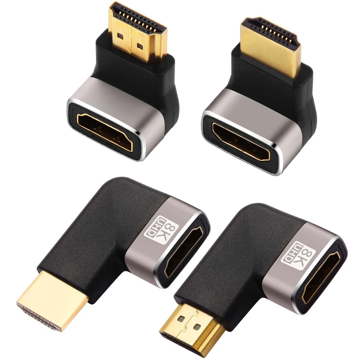 Four black right-angle HDMI adapters with gold connectors and aluminium shells, 90 and 270 degree orientations