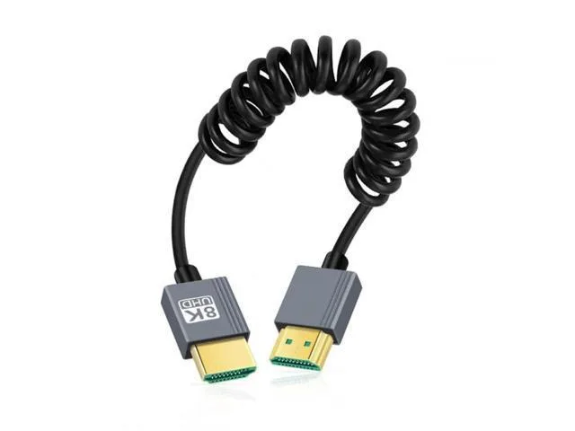 Coiled HDMI cable with stretchable black finish, male-to-male connectors