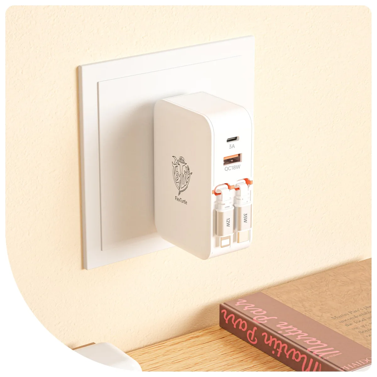 Compact white wall charger with foldable plug and dual retractable cables