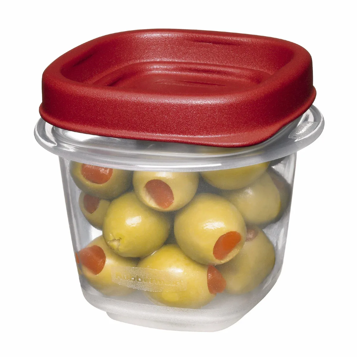 Two square red-lidded clear food containers, half-cup size