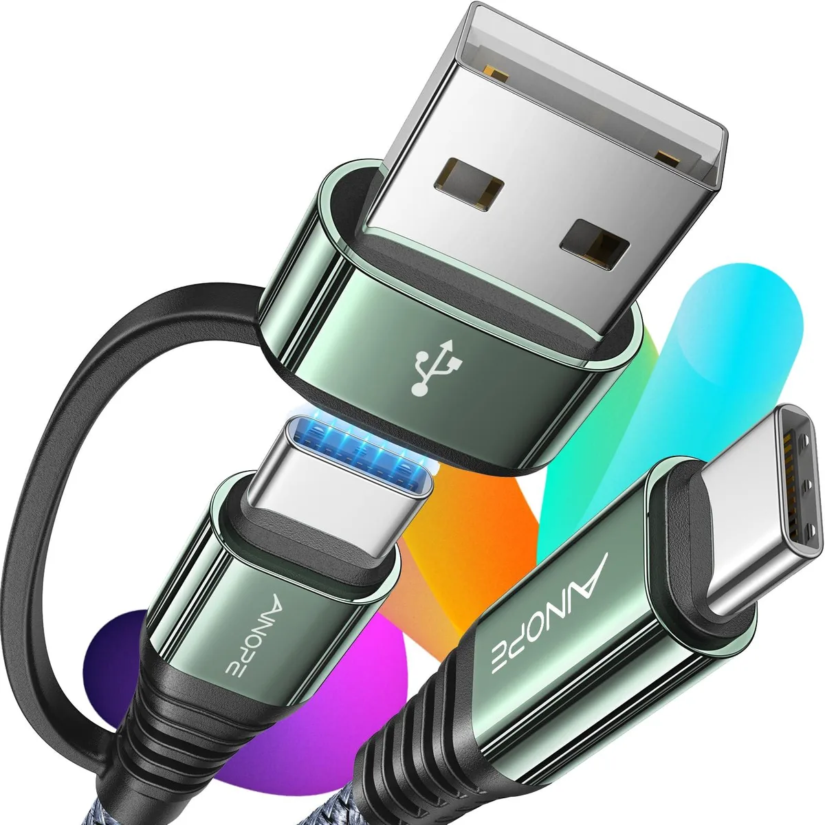 Grey USB-C to USB-C cable with USB-A adapter, 0.9 ft length, braided finish