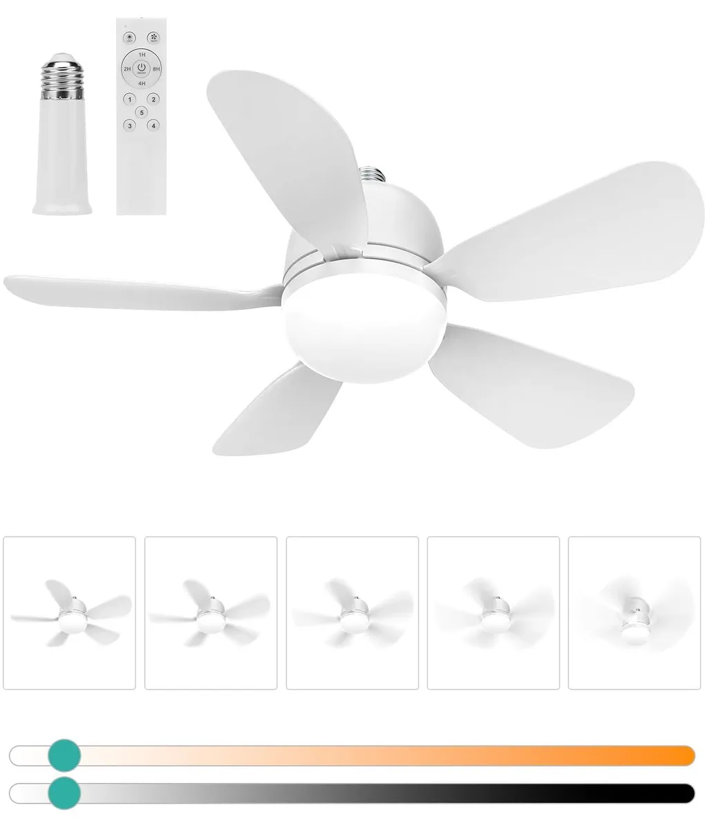White 19.7 inch ceiling fan light with five black blades and remote control