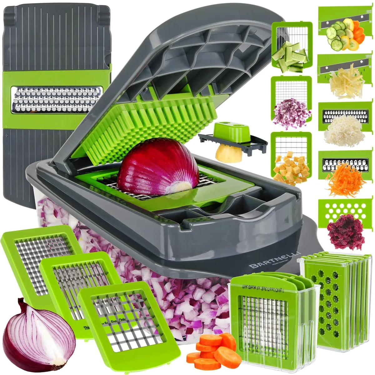 Square white manual food processor with eight stainless blades, clear container, safety holder, cleaning fork and brush
