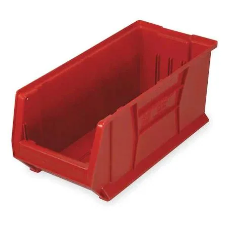 Red plastic storage bin, 29 7/8 in long, 11 in wide, 10 in high