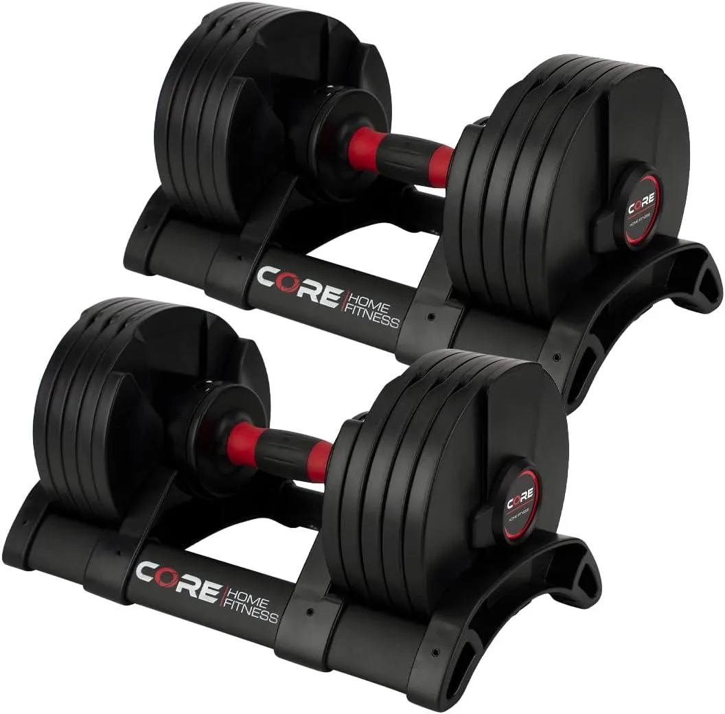 Pair of adjustable dumbbells in cradles, textured handles, TwistLock dials, compact design