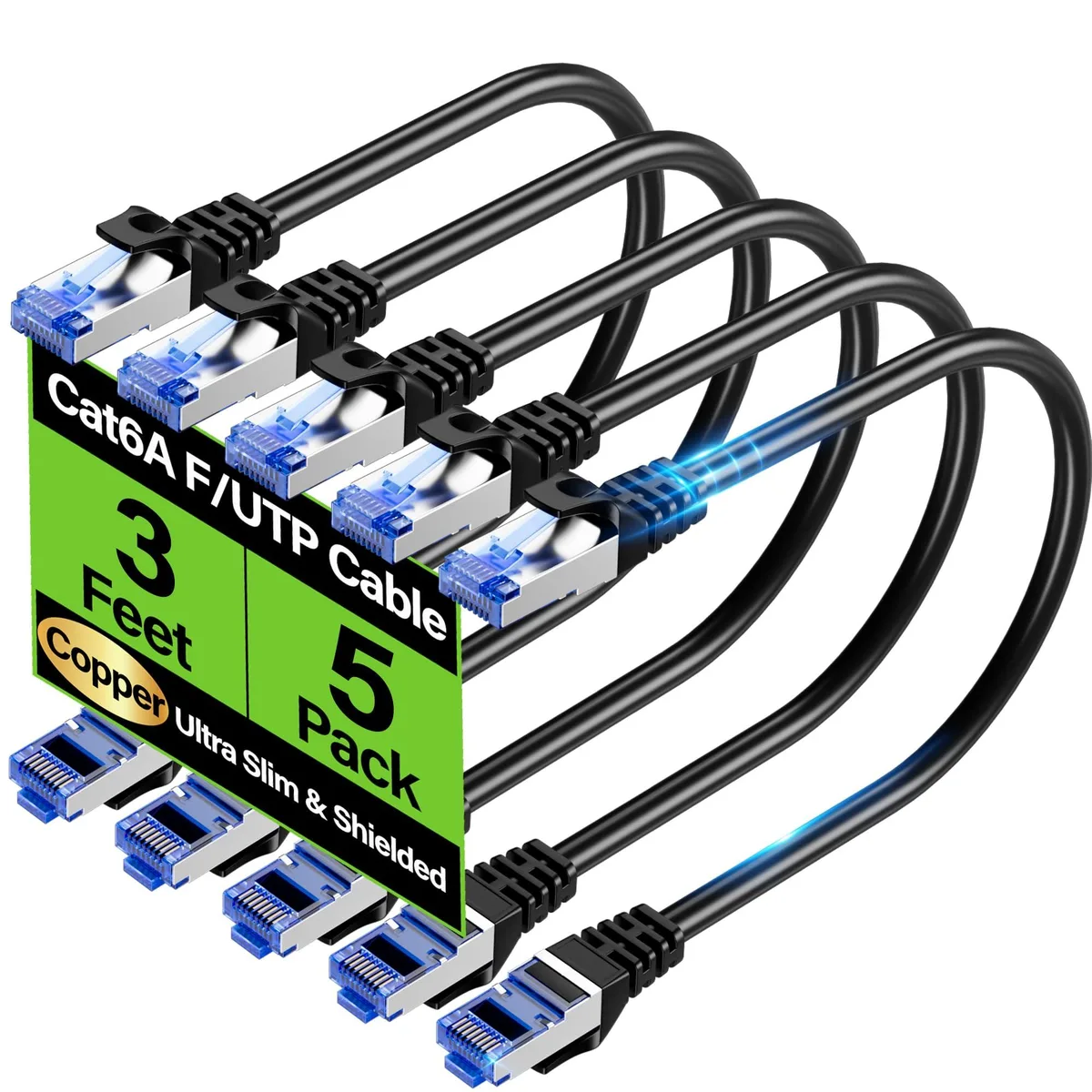 TuokaJu Cat6A Shielded Ethernet Cable 10Gbps 3ft 5-Pack Black 28AWG 4.5mm — product photo