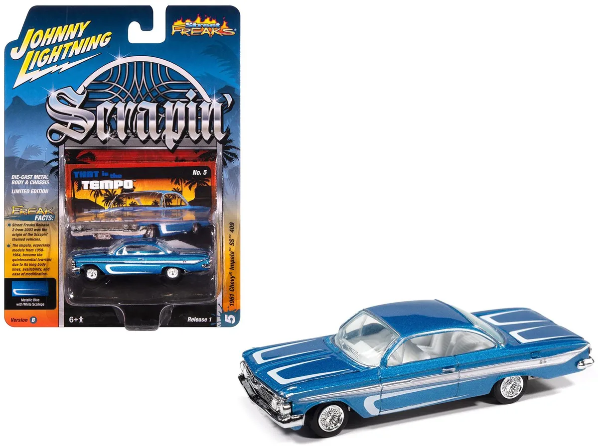 JOHNNY LIGHTNING JOHNNY LIGHTNING 1961 Chevrolet Impala SS 409 Blue Metallic White Stripes 1/64 Diecast Hobby Collectible — product photo
