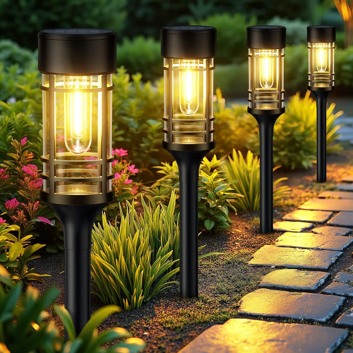 Twelve solar pathway lights with polished chrome finish and plastic shades on garden stakes