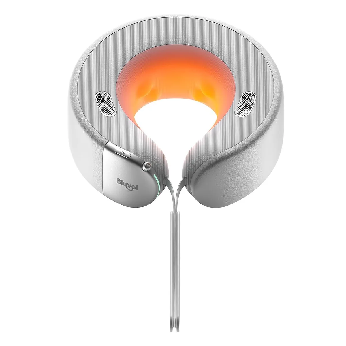 Silver C-shaped neck massager with flexible arms and control knob, 10.23 by 10.23 by 3.62 inches