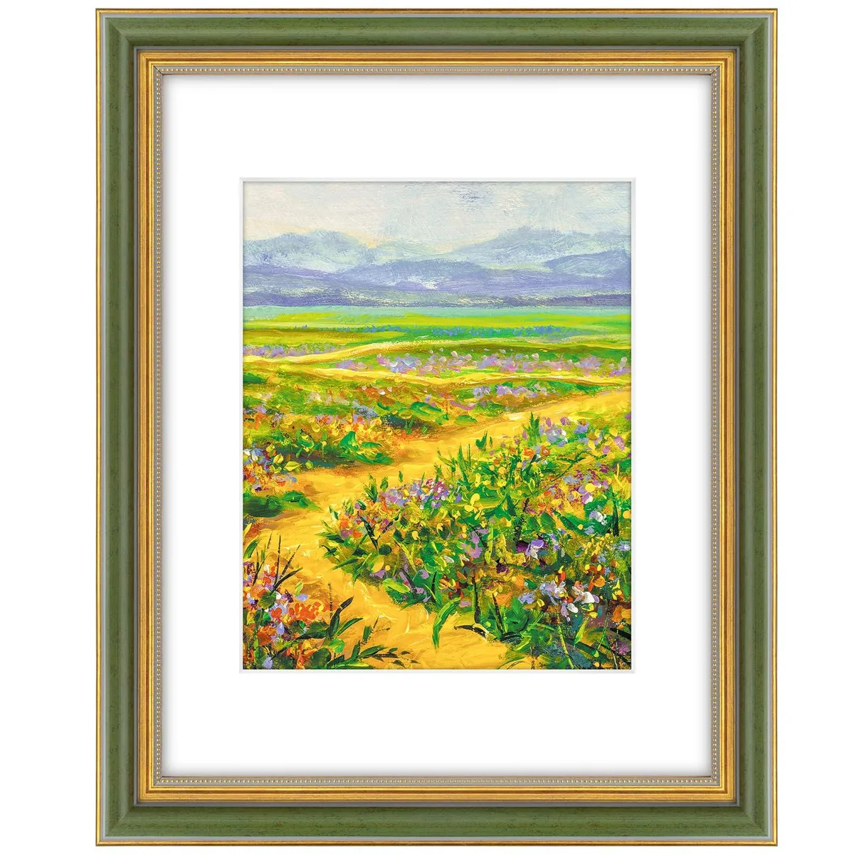 Ornate green gold plastic frame 11 by 14 inches with white mat and real glass