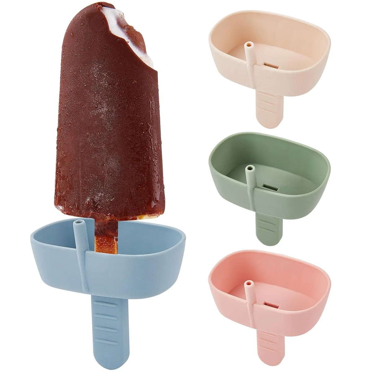 Four silicone popsicle holders with built-in straws and drip trays