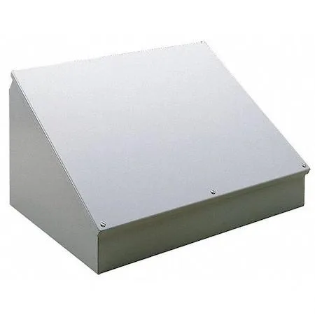 Gray carbon steel electrical enclosure with hinged cover and captive screws, 16 by 16 by 11.09 inches