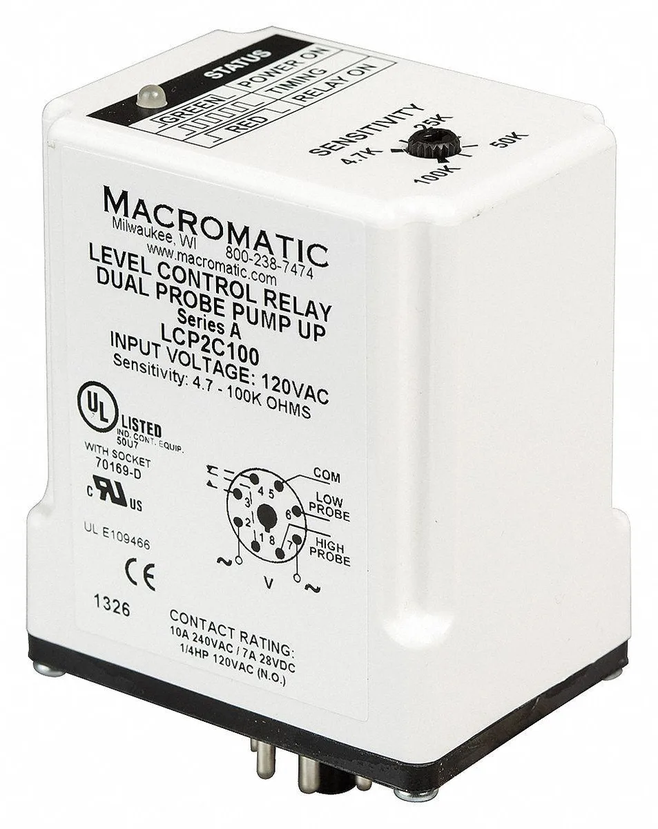 Maroon octal-base relay with eight flat pins and LED indicator