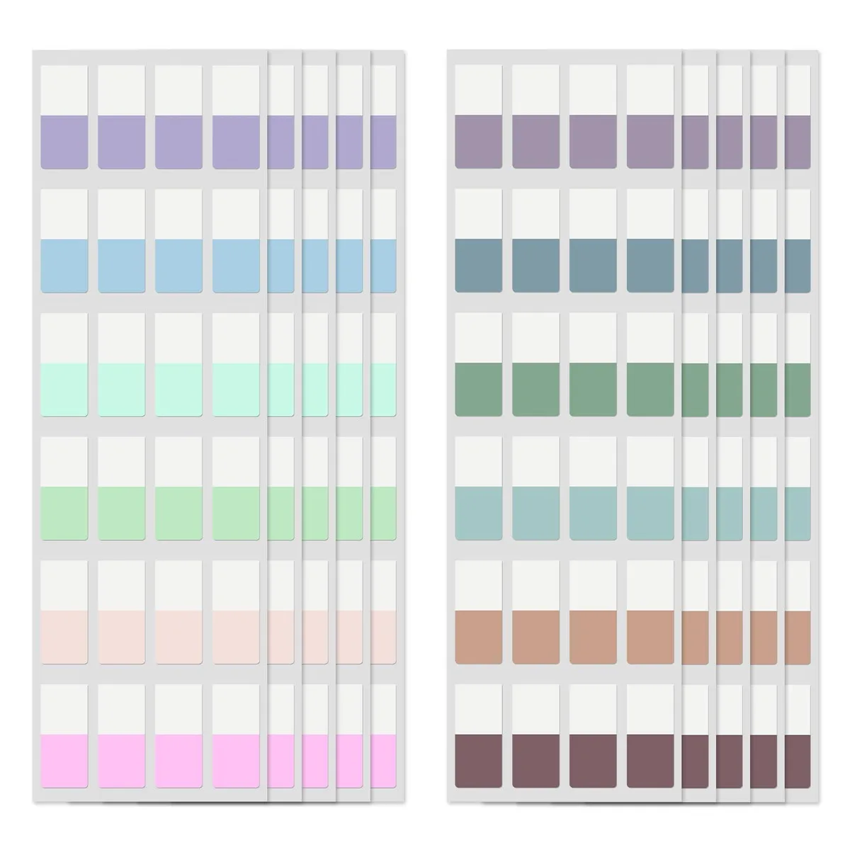 Pack of 480 small semi-transparent sticky index tabs in muted Morandi colours, each 0.5 by 1 inch