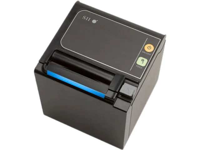 Black cube desktop receipt printer with front paper feed, serial port and auto-cutter