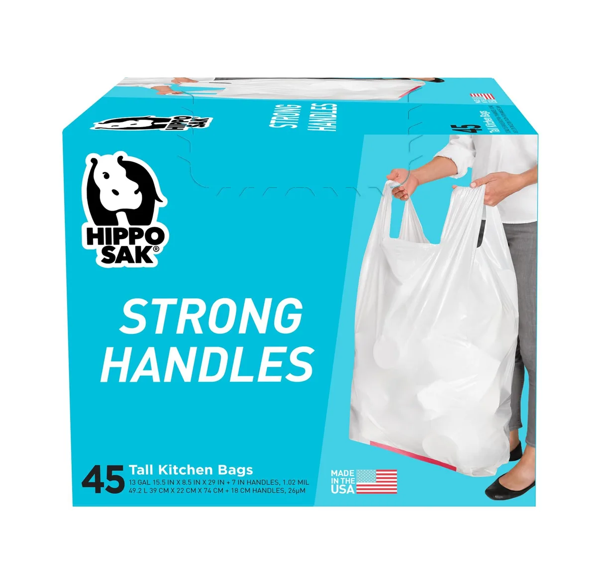 A white plastic box containing 45 tall kitchen trash bags with handles