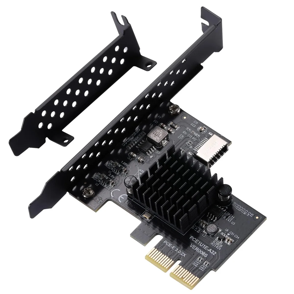 Green PCB expansion card with silver PCI-E connector, black Type-E header, and low-profile bracket