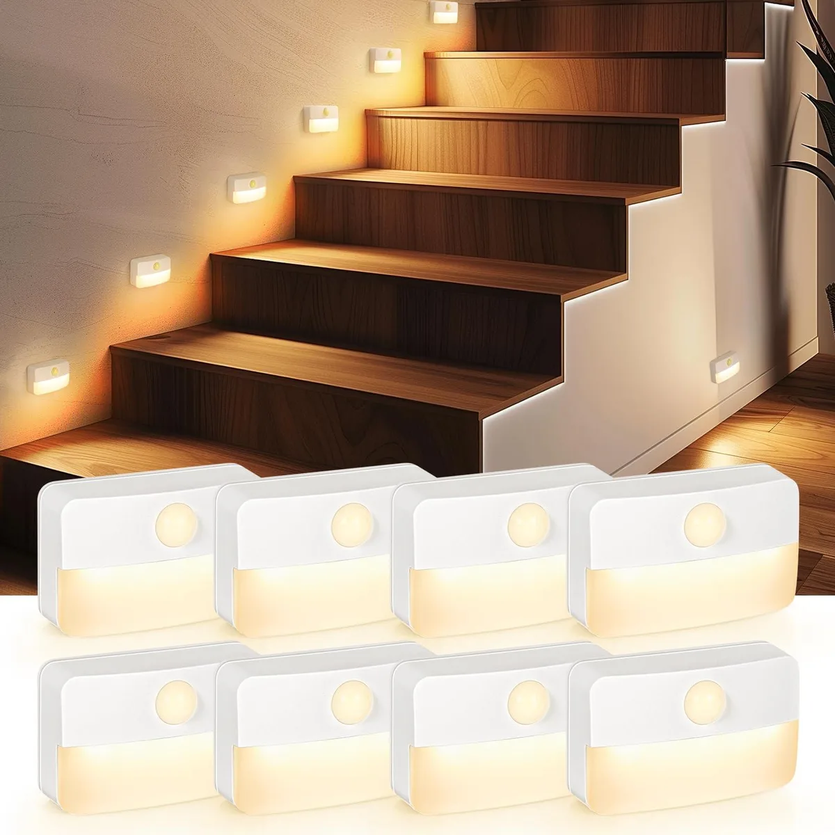 Eight small rectangular warm-white lights with frosted faces and adhesive backs shown in a row