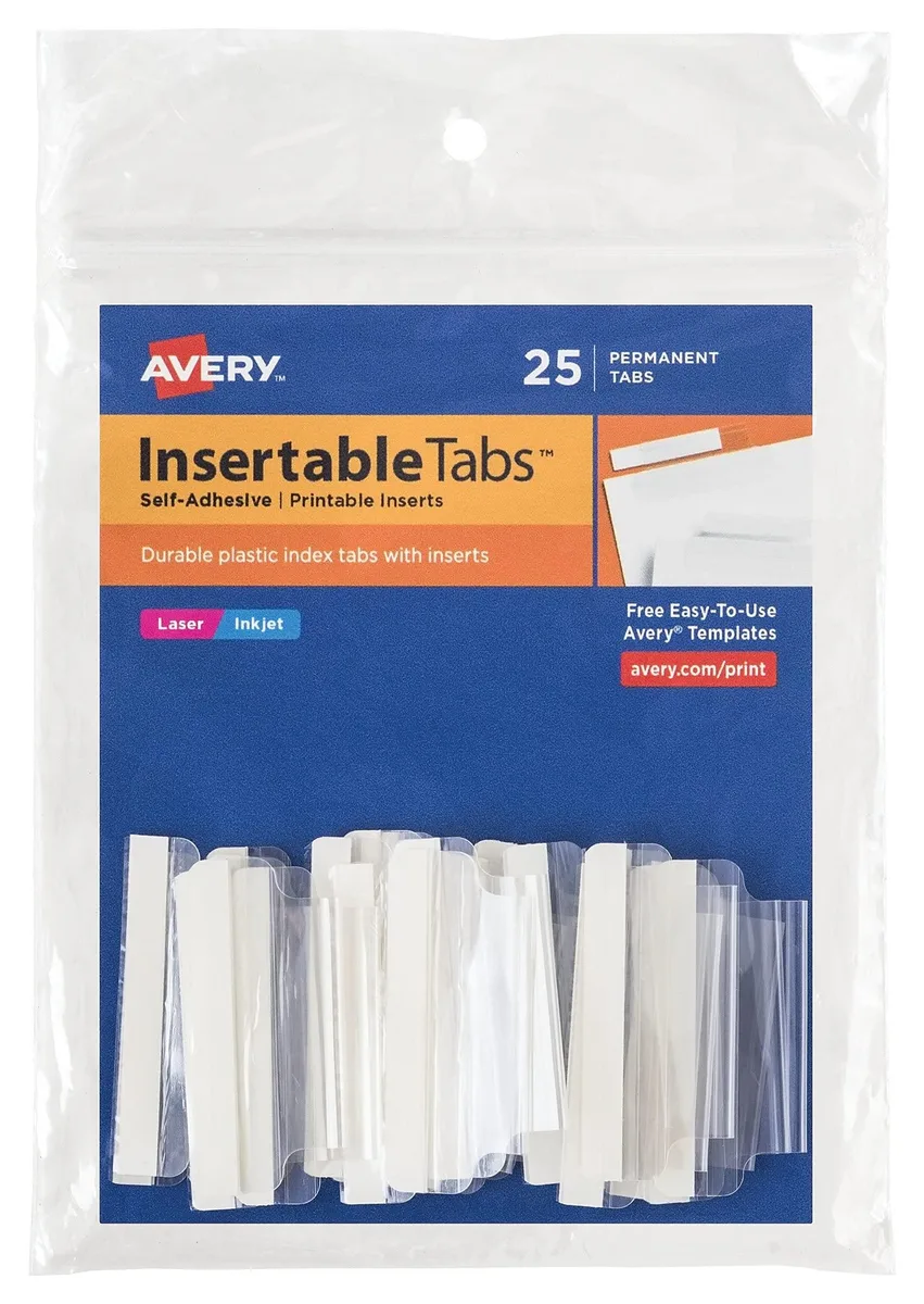 Pack of 25 clear self-adhesive plastic tabs with printable inserts