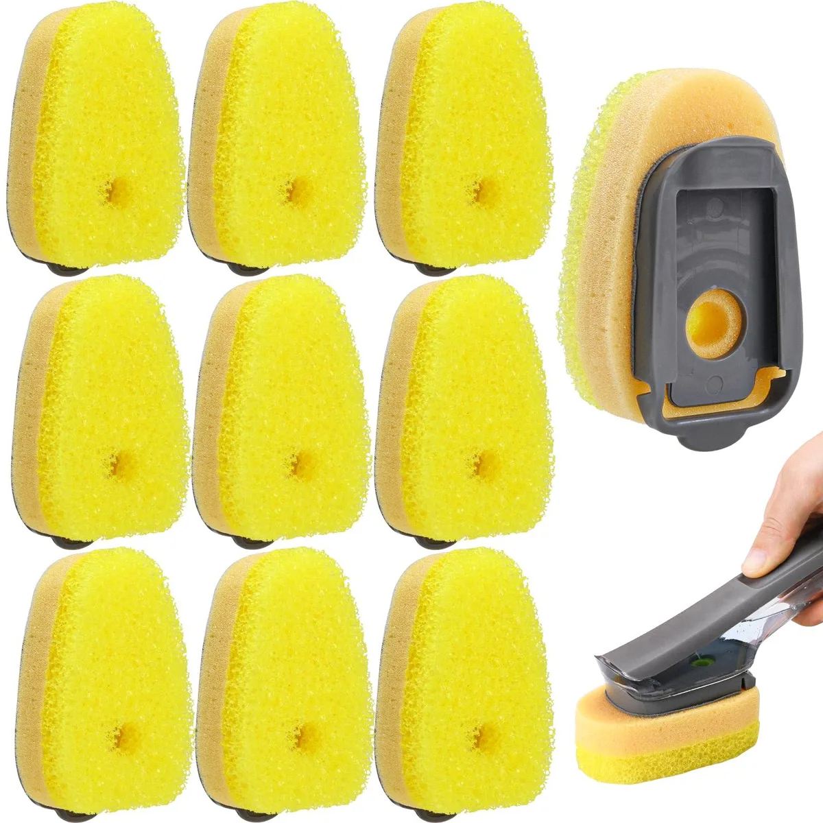 Yellow rectangular sponge refill heads in a clear plastic bottle pack of ten