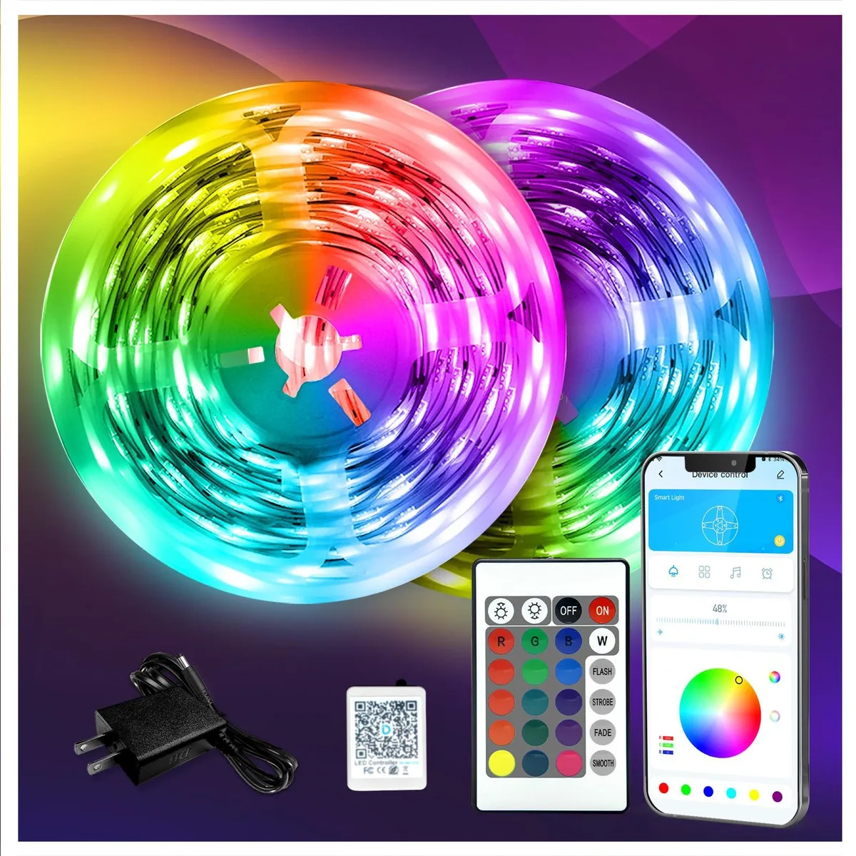 Two 65.6ft flexible LED strips on reels with inline controller and IR remote