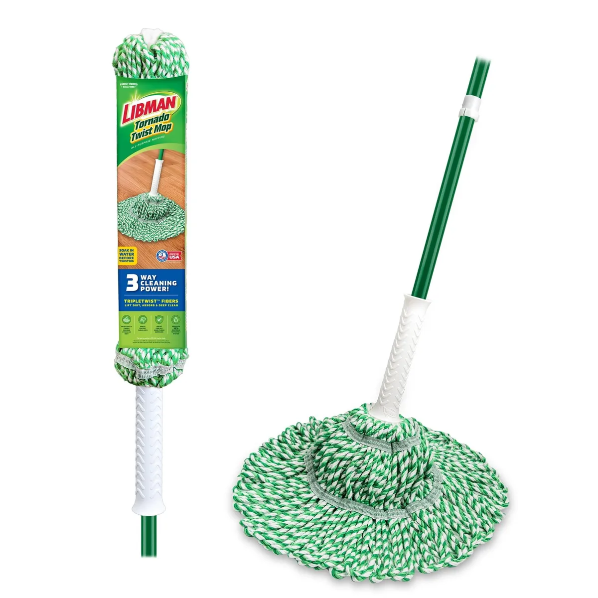 Green and white cotton-blend mop head on a 55.5-inch steel handle