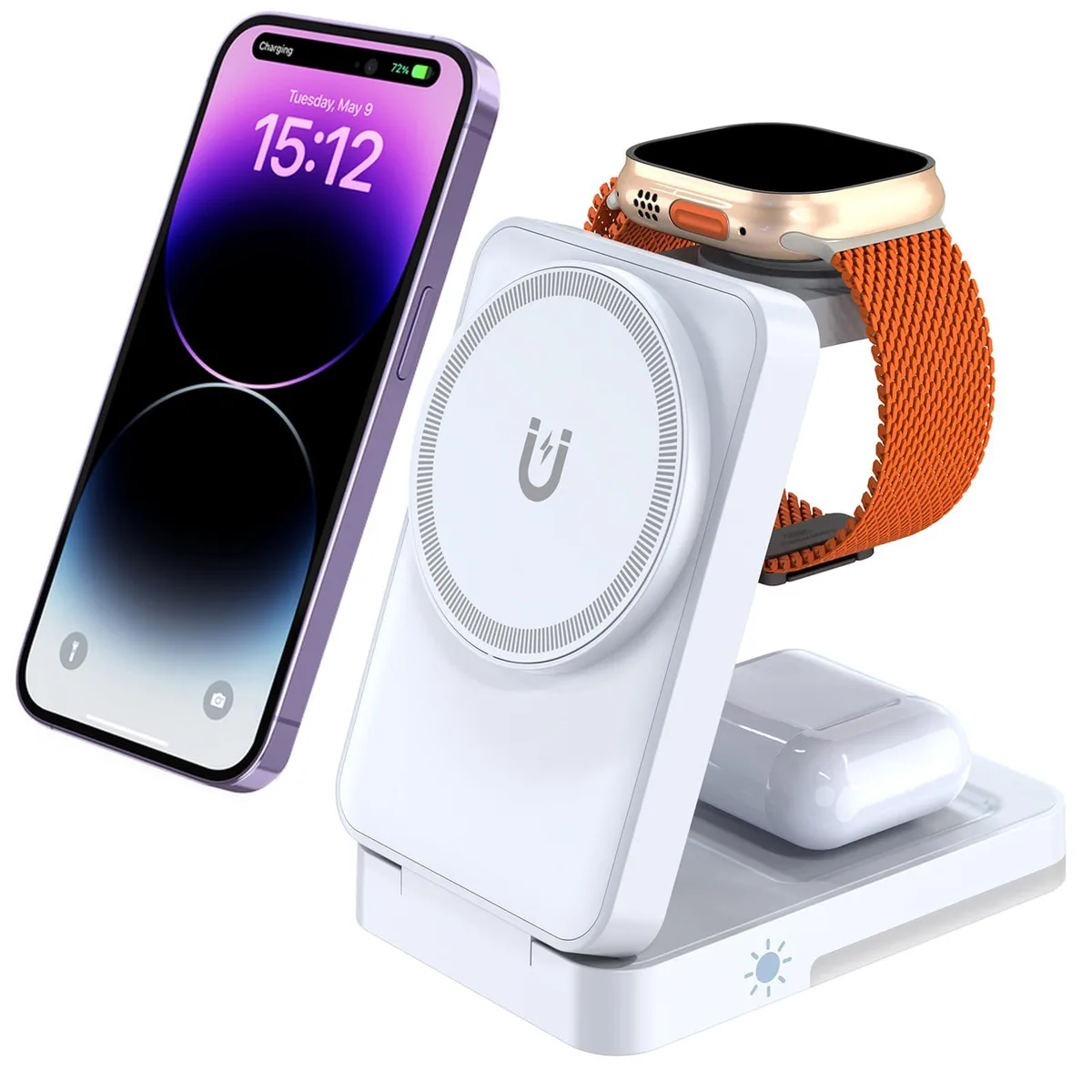 White foldable 3-in-1 magnetic charging stand with night light