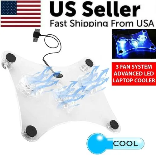 Unbranded 3 Fan USB Laptop Cooling Pad Blue LED 13 inch — product photo