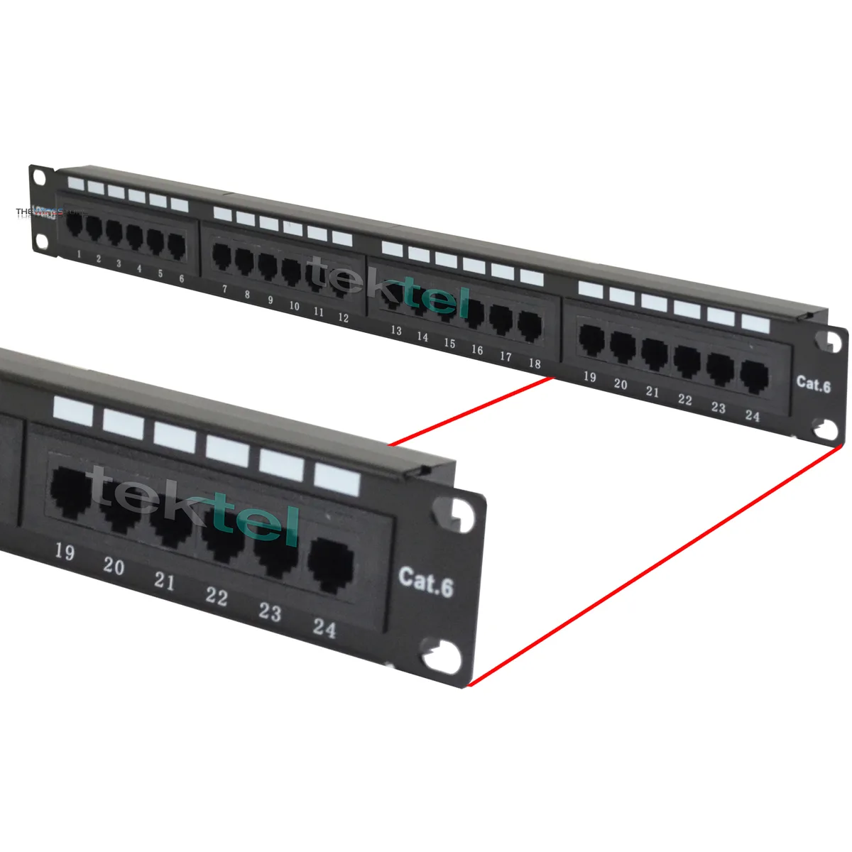 Black metal 1U rack-mount patch panel with 24 RJ45 ports and cable management bar