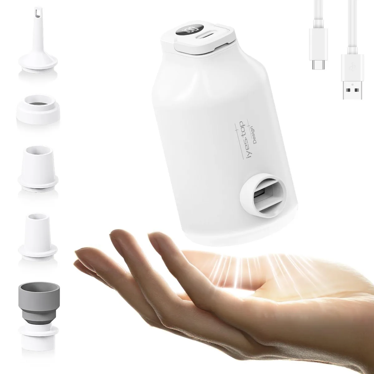 Small white rechargeable air pump with five nozzles and built-in light