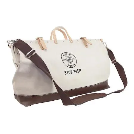 Brown canvas tool bag, wide-mouth rectangle, 24 in wide, leather shoulder strap, 17 pockets