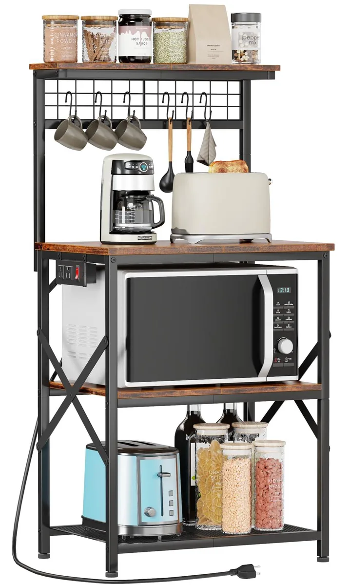 Four-tier rustic brown baker's rack with power outlets, pegboard and S-hooks