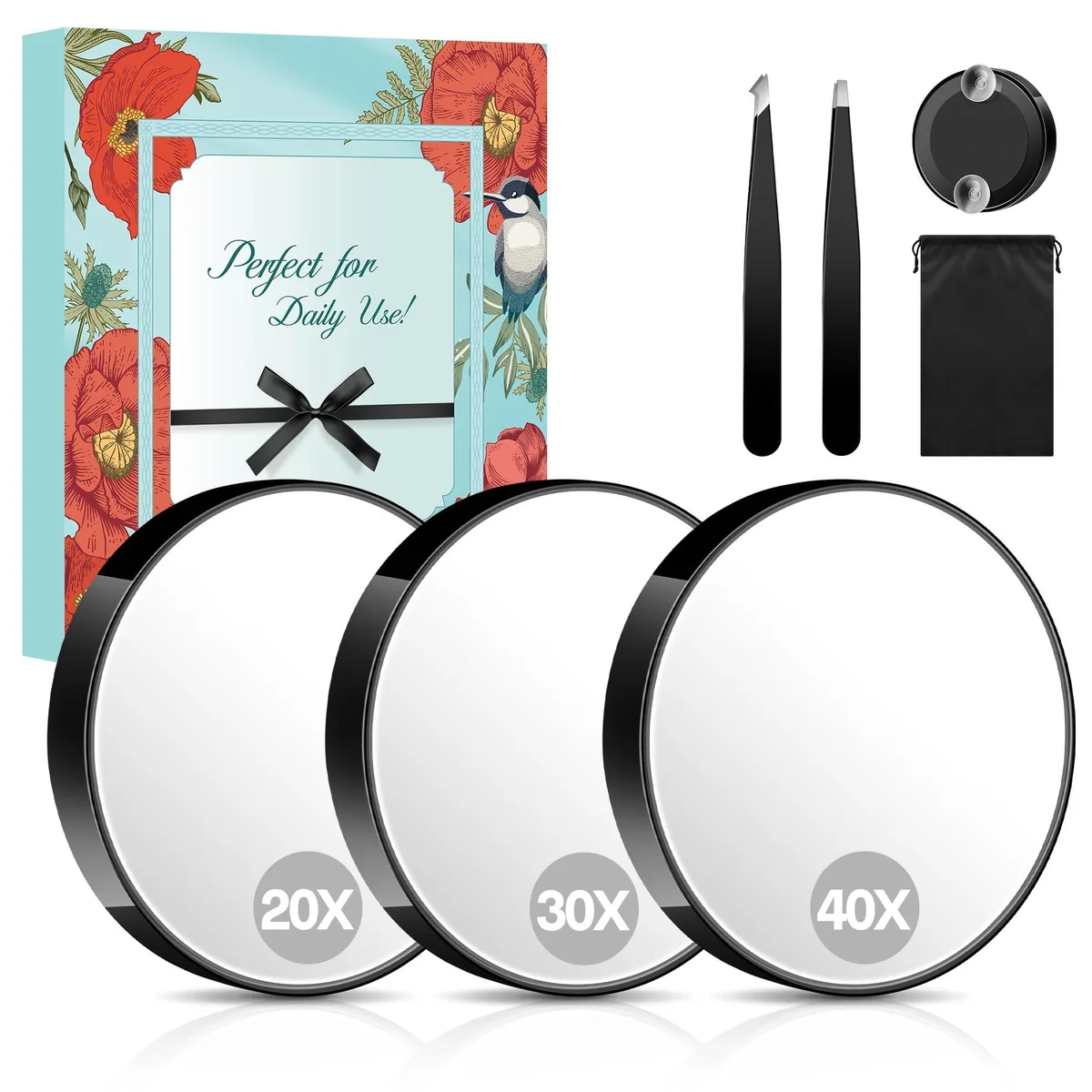 Round black ABS compact mirror with three magnification lenses and tweezers in a travel pouch