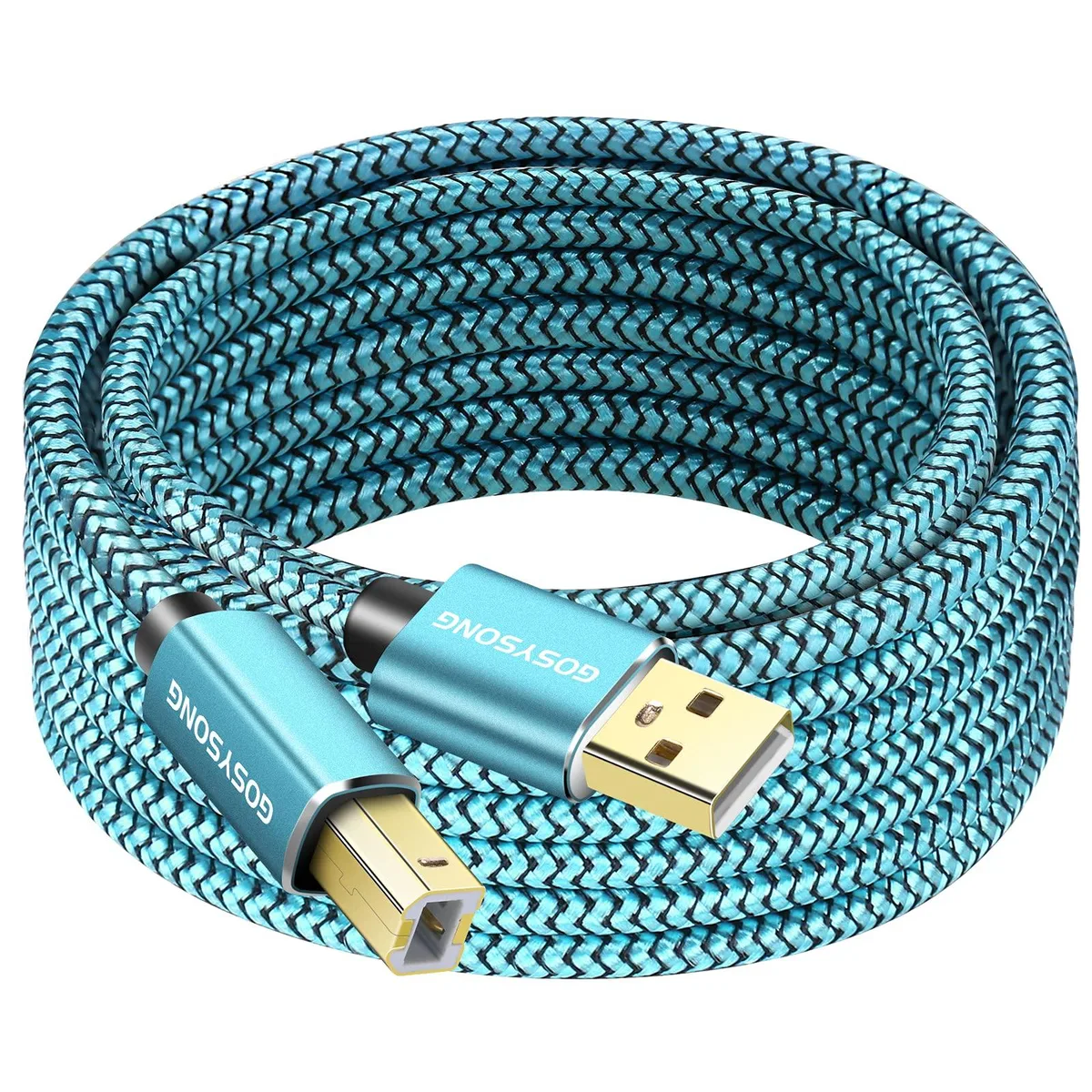 Blue USB 2.0 printer cable, Type A to Type B male connectors, 30ft braided length