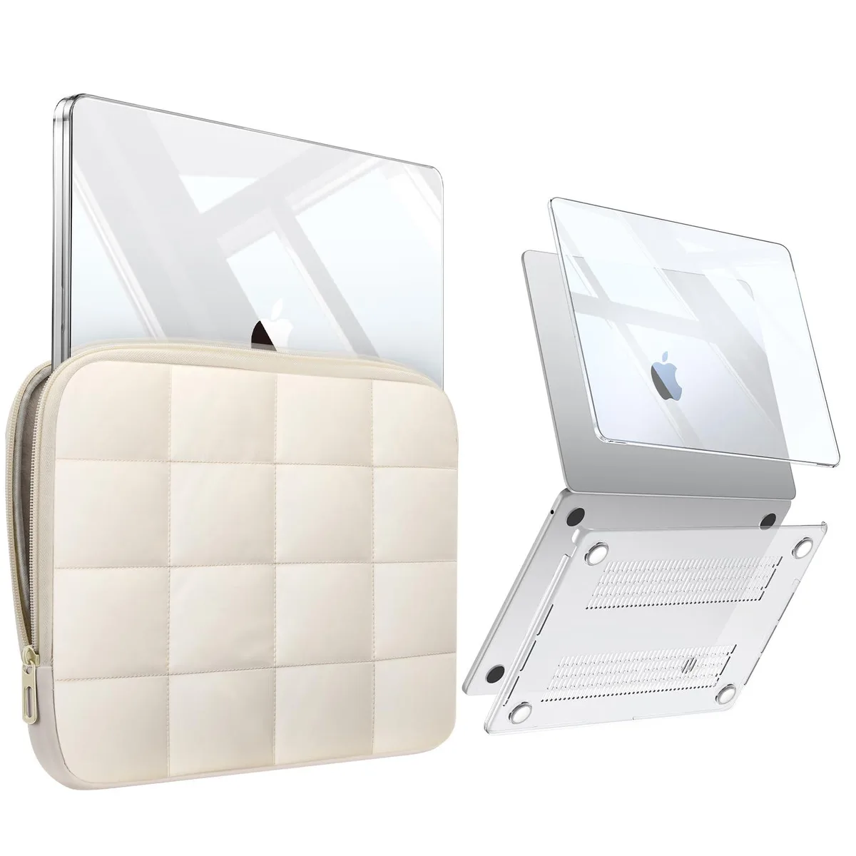 Beige polycarbonate hard shell with matching padded sleeve for 13.6 MacBook Air