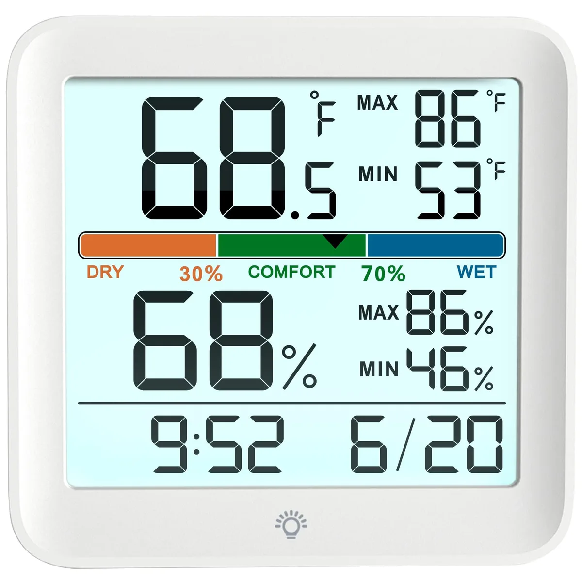 Black rectangular digital thermometer hygrometer with 3.7 inch LCD screen, kickstand and wall hook
