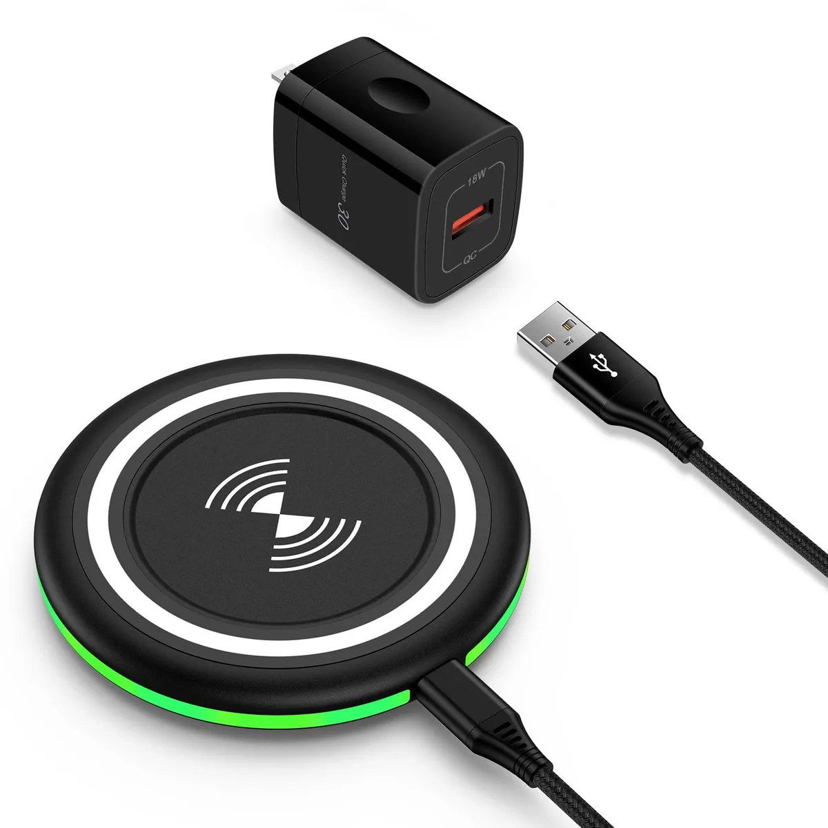 A flat circular charging pad with a short USB-C cable and a compact wall adapter