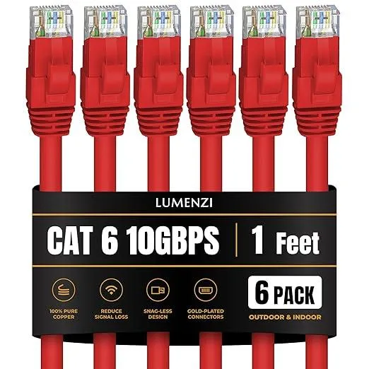Lumenzi Lumenzi Cat 6 Ethernet Cable 1 FT Red 6 Pack 10 Gbps 550 MHz — product photo