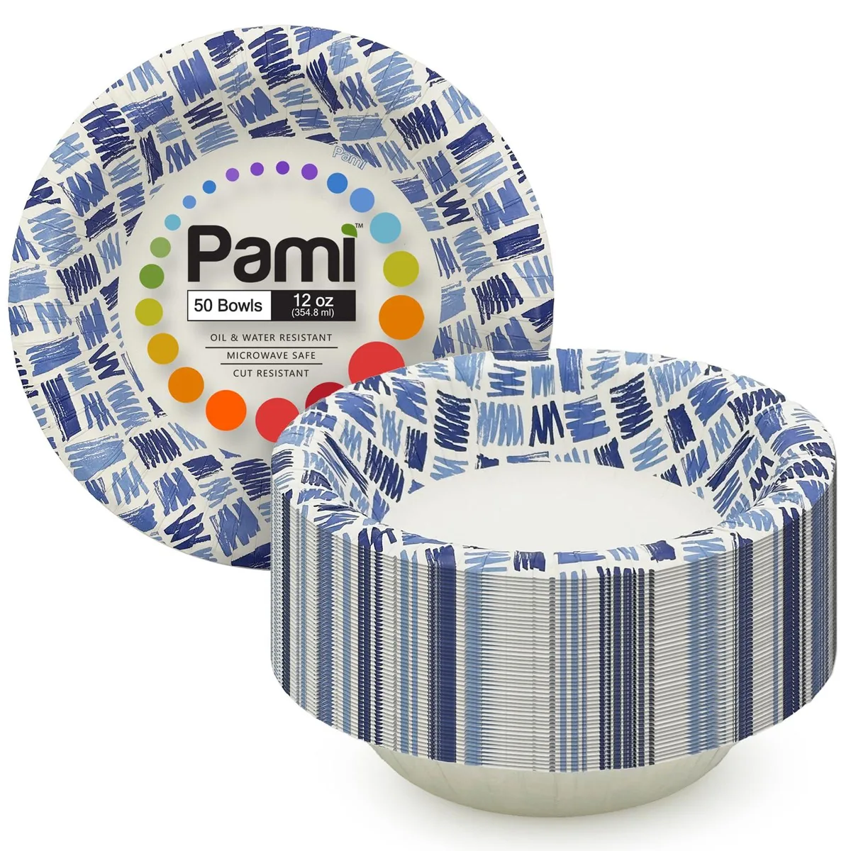 Blue paper bowls in a 50 pack, round shape
