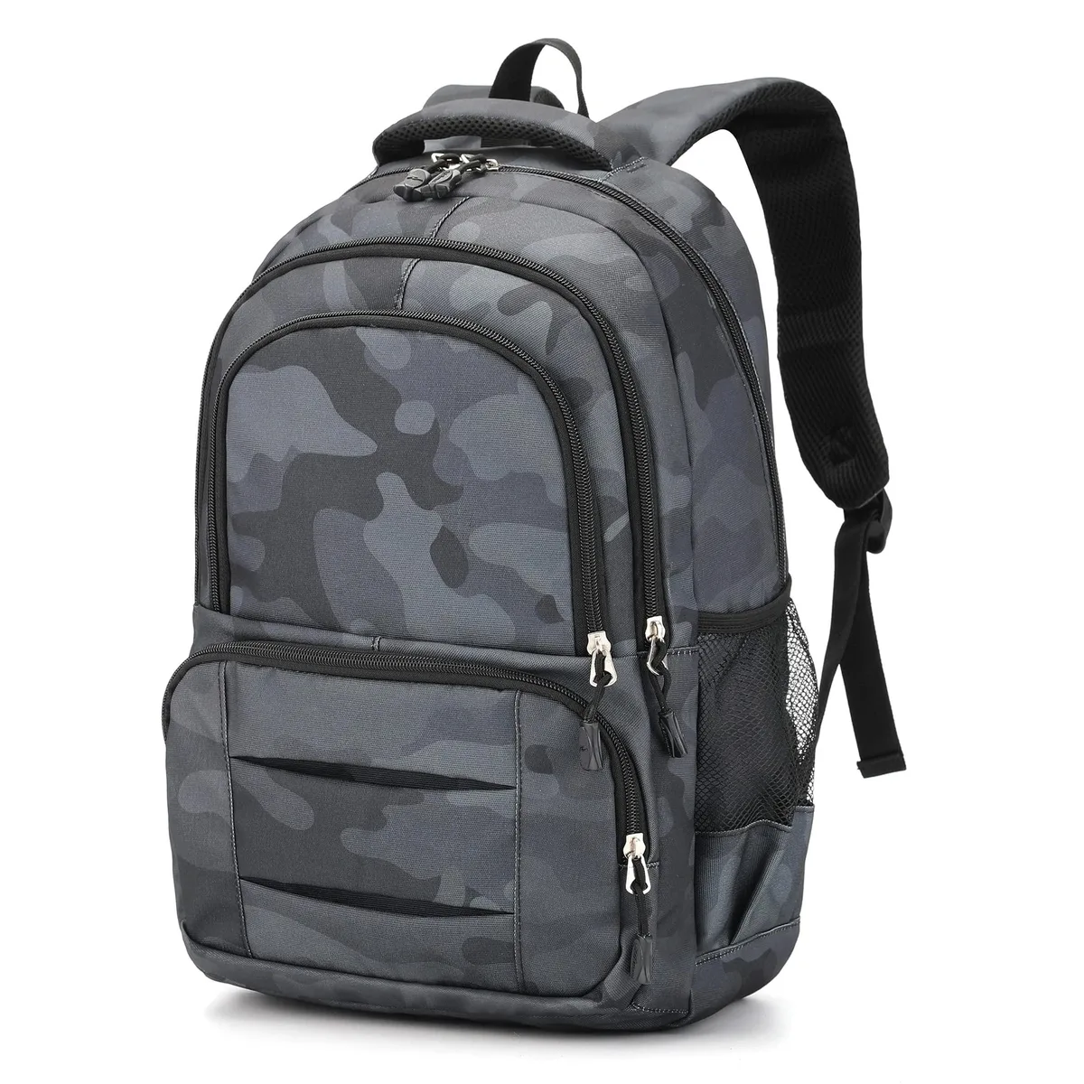 Brown nylon laptop backpack, 18 inches tall, lightweight design with adjustable straps