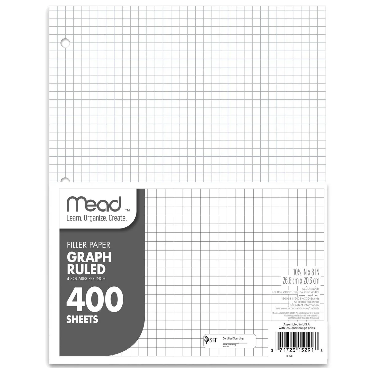 White graph ruled loose leaf paper pack, 400 sheets, 8 by 10.5 inches, three hole punched