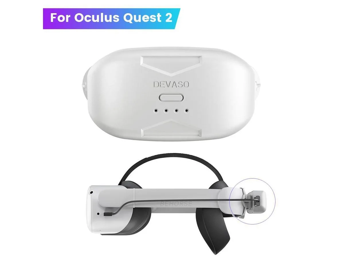 White curved battery pack with USB cable attached to VR headset strap