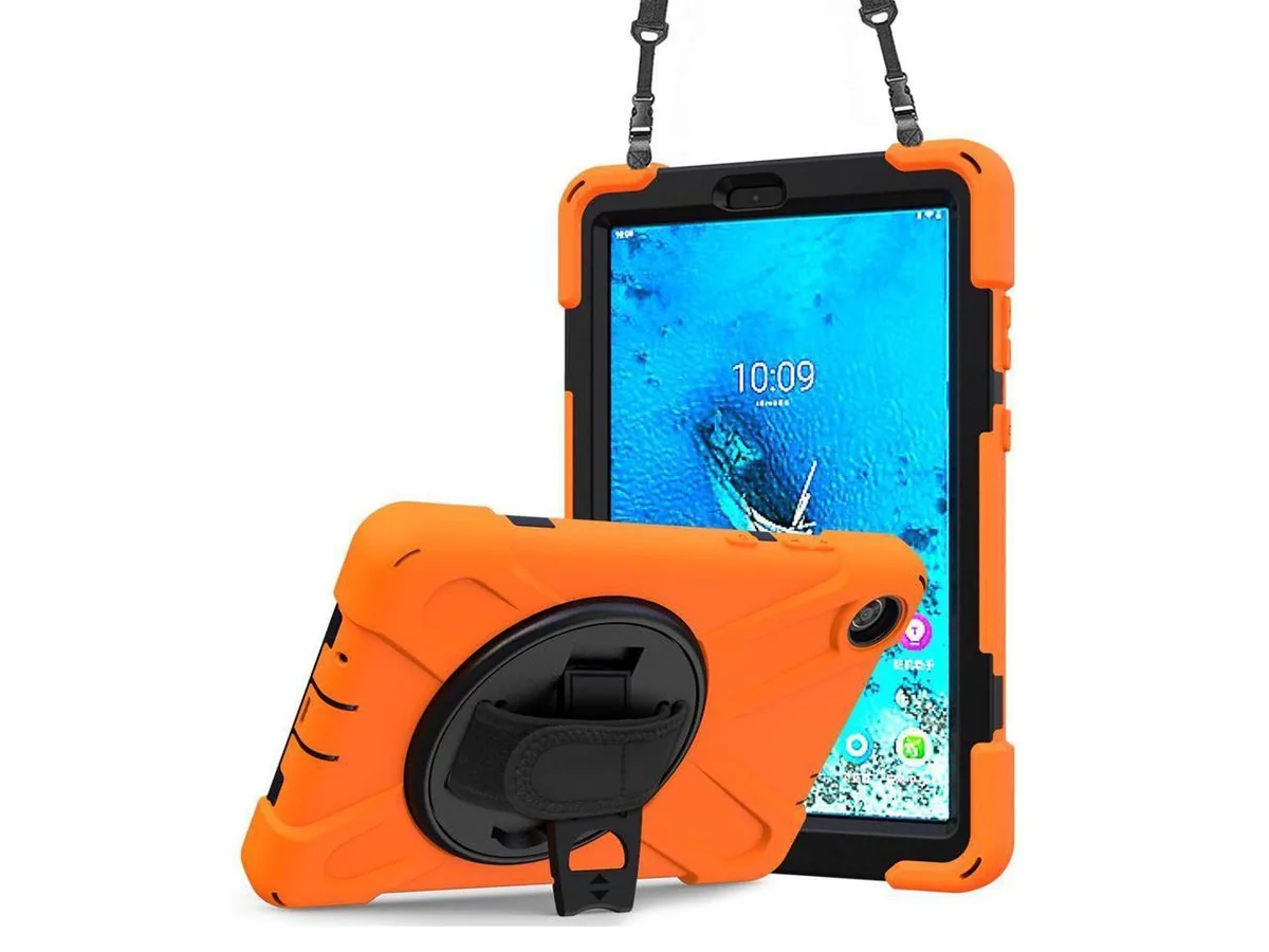 Orange rugged protective case for 8-inch Lenovo tablet with rotating handle stand and detachable shoulder strap