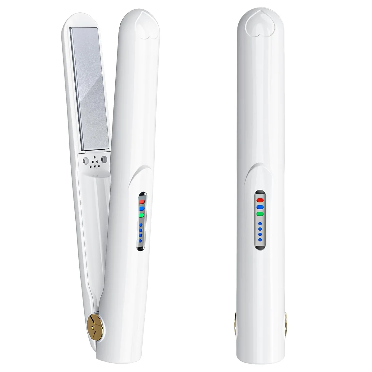 White cordless 2-in-1 ceramic flat iron with 18mm plates, slim cylindrical body .79 in thick, USB rechargeable, includes pouch