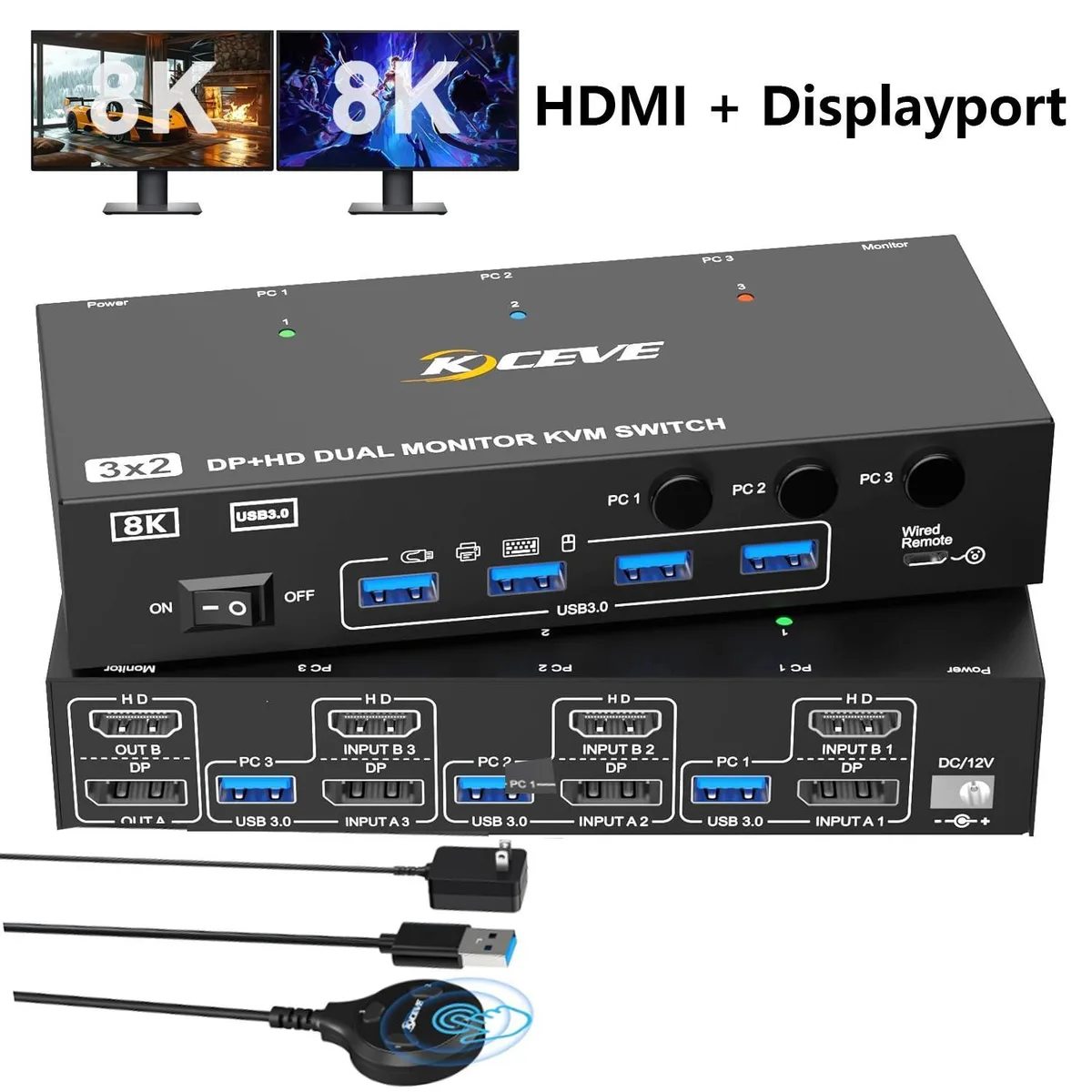 WRIARICH WRIARICH KVM Switch 3 Computers 2 Monitors DP 1.4 HDMI 2.1 4K@144Hz 8K@60Hz 4 USB 3.0 Wired Remote — product photo