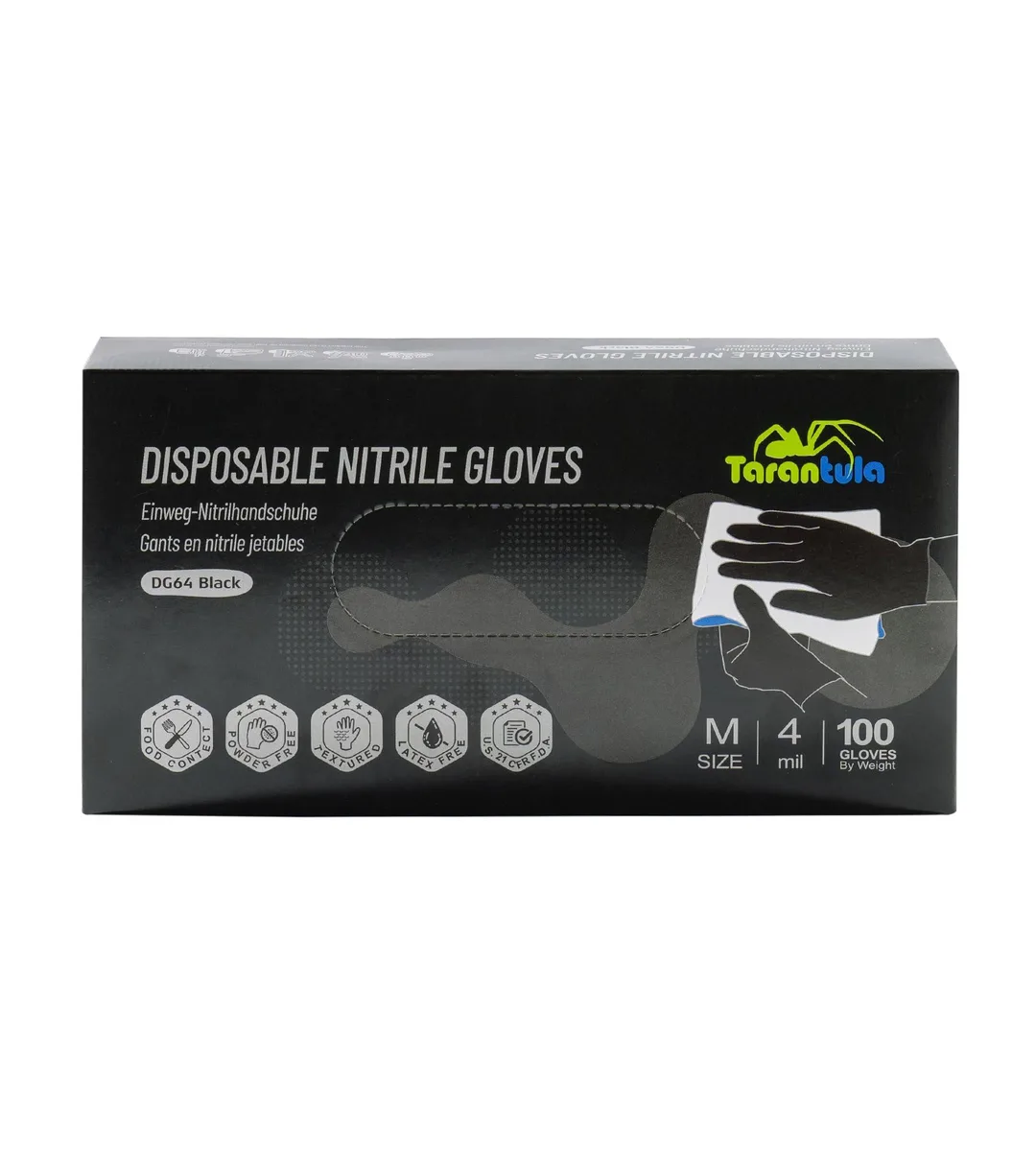 Box of black nitrile gloves, textured fingertips, powder-free
