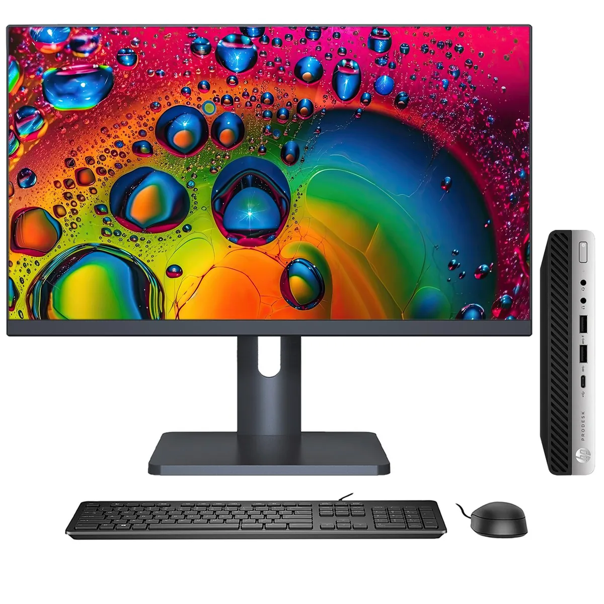 HP HP ProDesk 600 G4 Mini desktop PC with 27" monitor, i5-8500T, 8GB DDR4, 512GB SSD — product photo