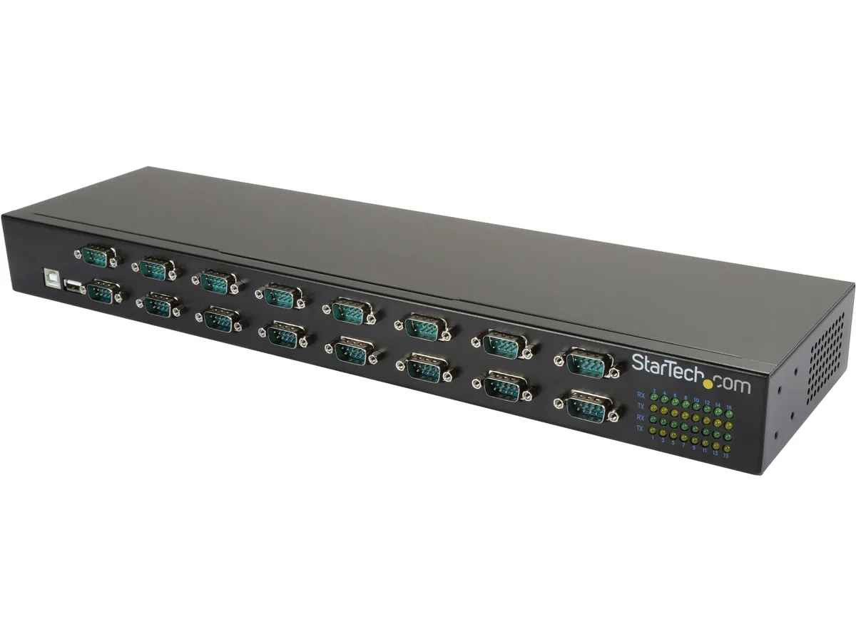 Black metal 16-port USB-to-serial hub with DB9 connectors and rack ears