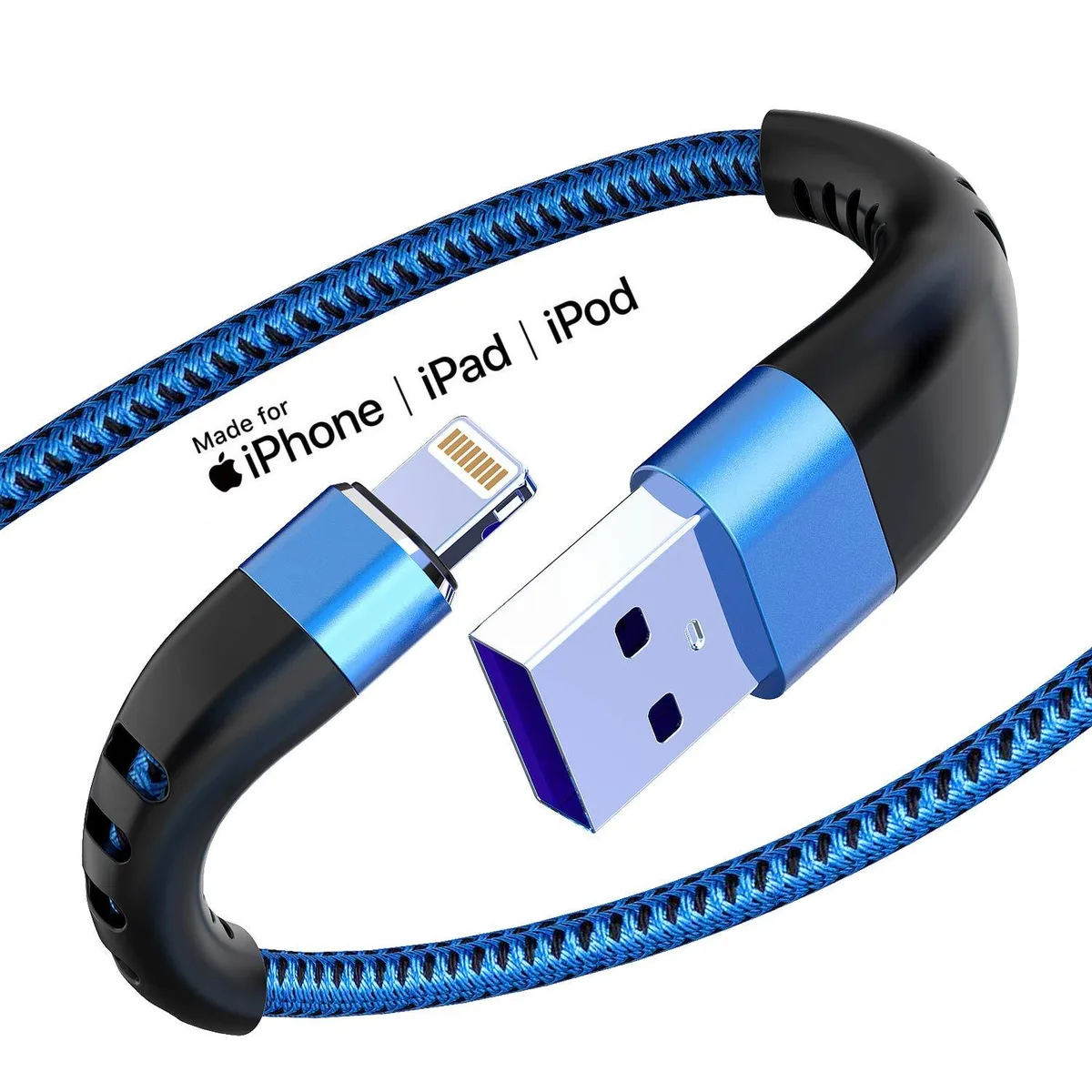 Two blue nylon-braided USB to Lightning cables, three feet each, aluminium connectors